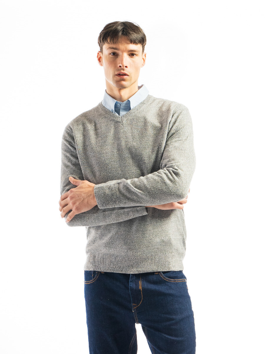Buzo Tipo Cashmere Cuello V - Gris Claro Melange 
