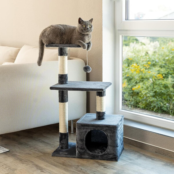 Rascador Torre 3 Niveles Felpa Y Sisal Para Gato Juego Color Variante Gris Oscuro