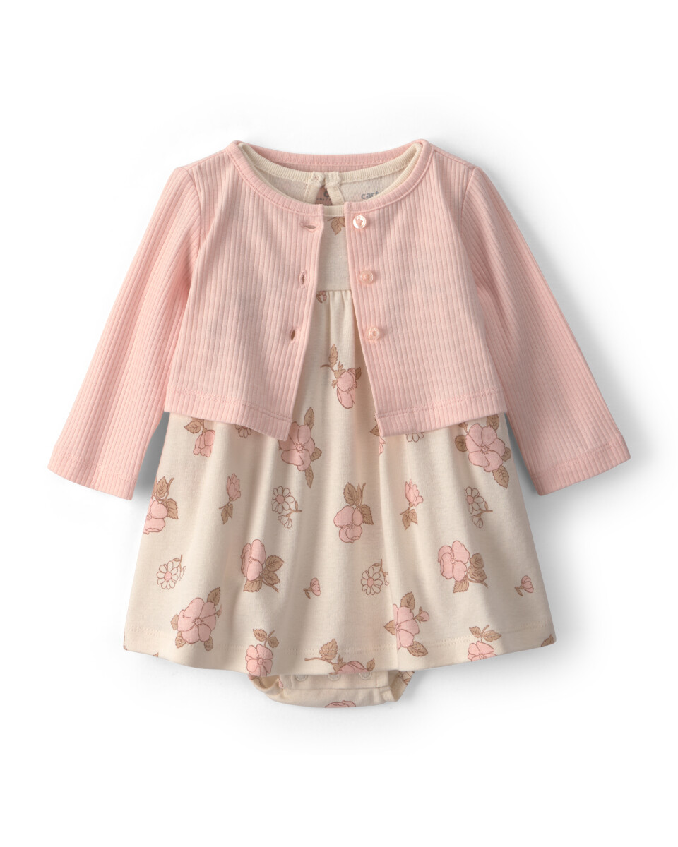 Set dos piezas de algodón, vestido floral y saco rosado 
