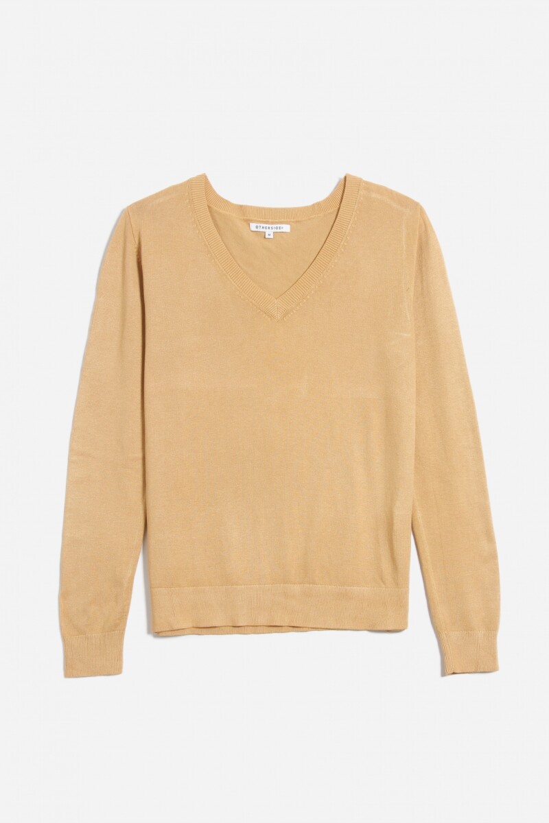 Sweater escote en V liso - Khaki 