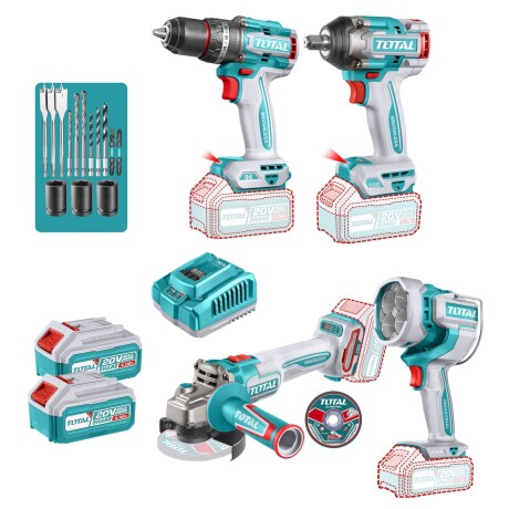 Kit Línea 20v: Llave Impacto 1/2'' + Percutor 96Nm + Amoladora 4.1/2" + Foco - 2 Baterías 4.0Ah Kit Línea 20v: Llave Impacto 1/2'' + Percutor 96Nm + Amoladora 4.1/2" + Foco - 2 Baterías 4.0Ah