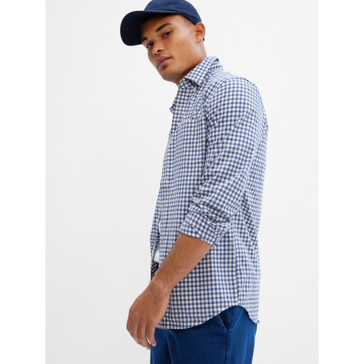 V-LS SLIM STRETCH POPLIN BASIC - DOCKSIDER BLUE GINGHAM 