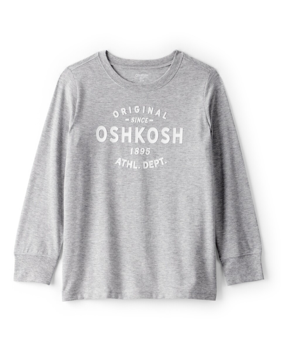 Remera de algodón, gris, con logo. Talles 6-14 