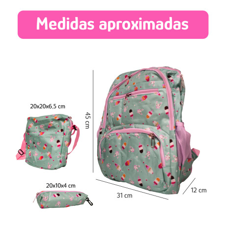 Set Mochila 3 Piezas Estampado Helados Escolar Resistente Verde Claro