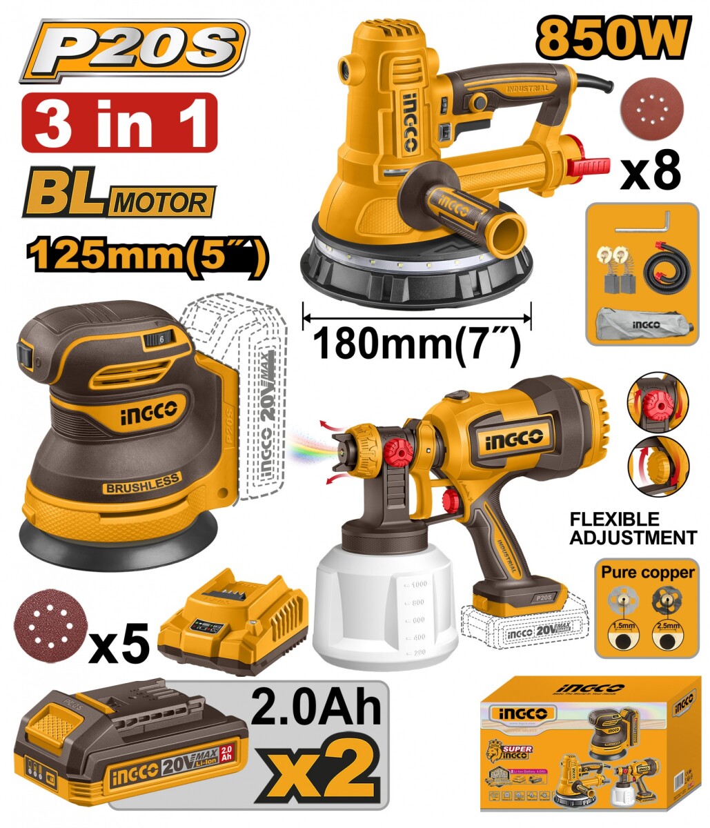 KIT A BATERIA P20S 20V LIJADORA DE YESO 850W 180MM 7´´ + LIJADORA ROTO ORBITAL 1 