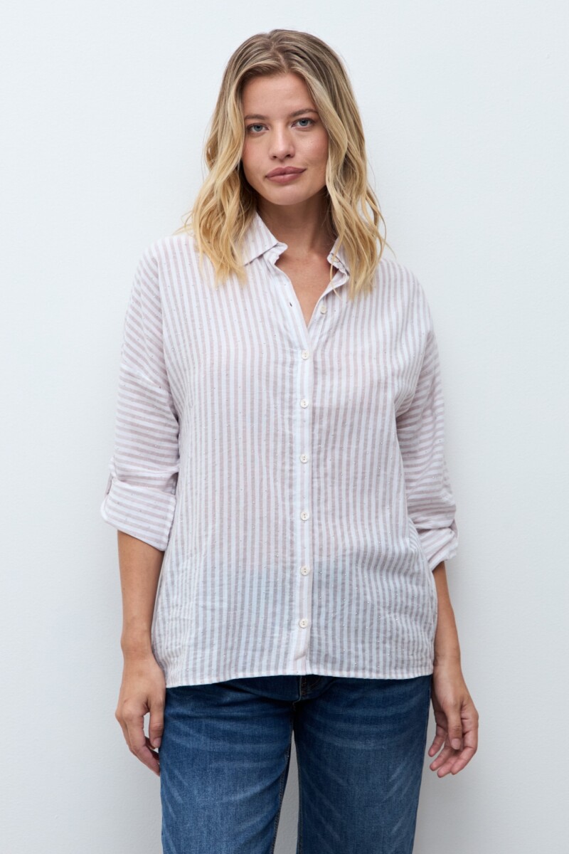 Camisa rayada con brillos beige