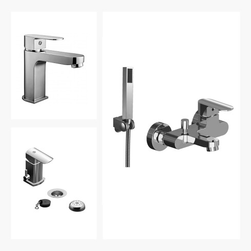 JUEGO DE GRIFERIA COMPLETO,INCLUYE DUCHA EXTERIOR, LAVATORIO BAJO Y BIDET LINEA FRESIA FV 000
