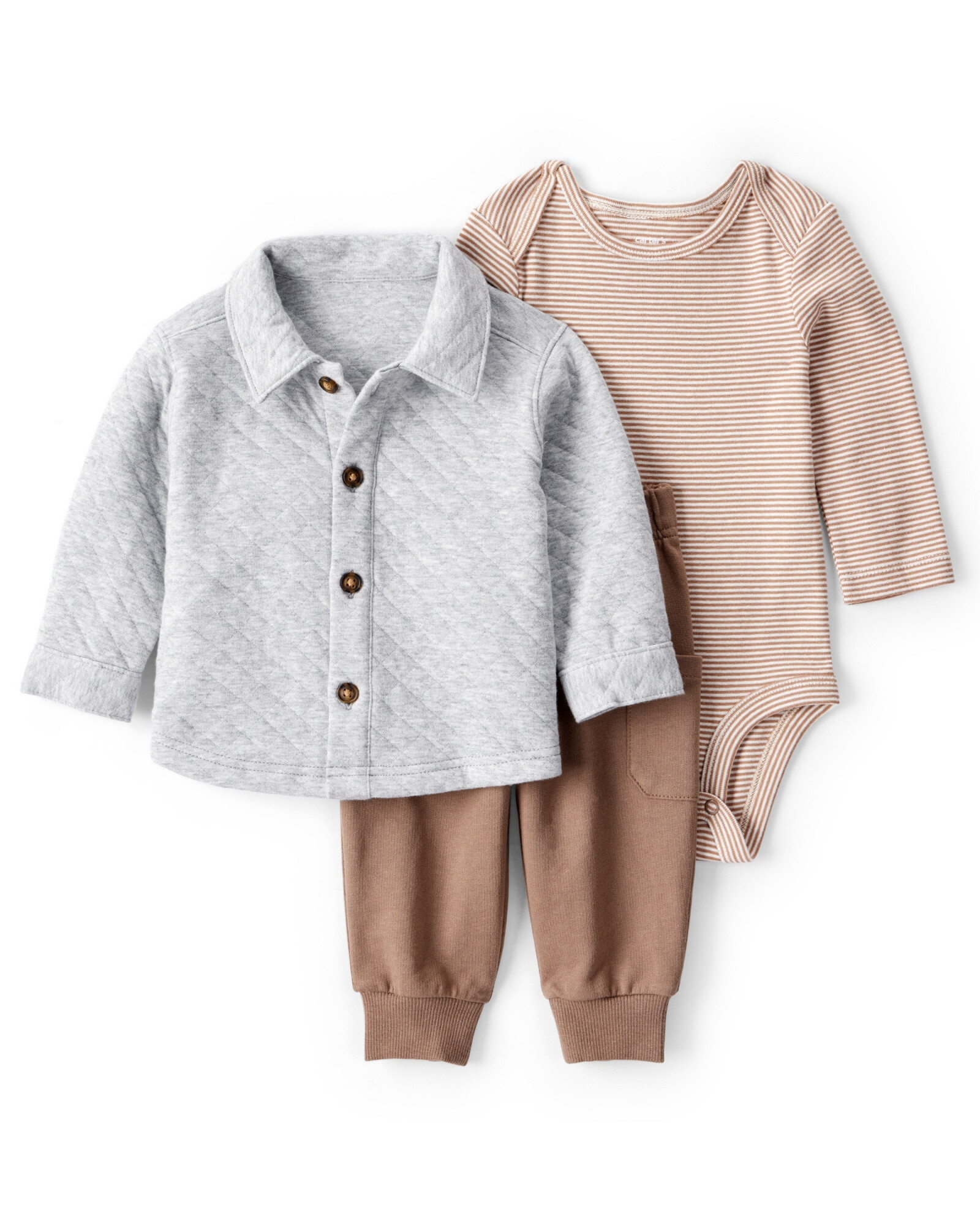 Set tres piezas de algodón, pantalón, camisa capitoneada y body Set tres piezas de algodón, pantalón, camisa capitoneada y body