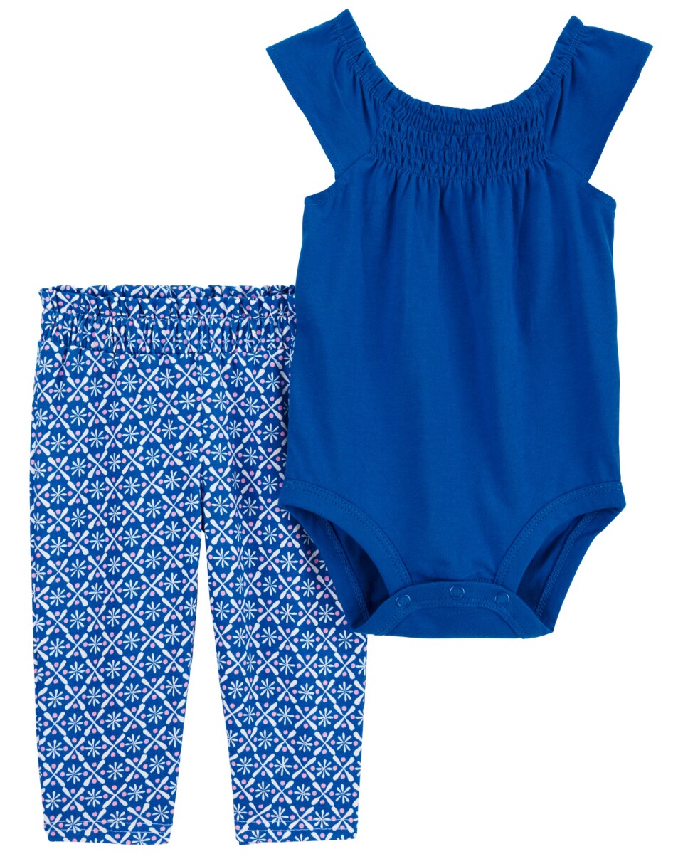 Set dos piezas de algodón, pantalón y body con fruncido, azul 