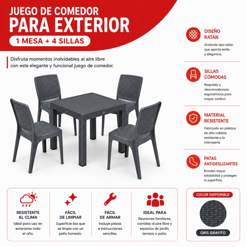 Juego de jardín 4 sillas Natura + mesa 90x90 GRIS