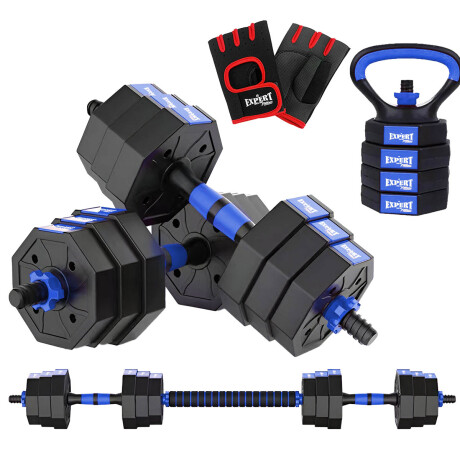 Set Mancuernas Expert Fitness+Rusa+ Guantes Pesa 20k Azul