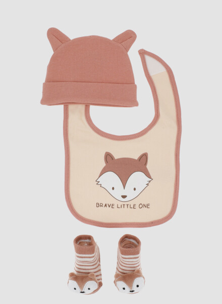 Pack gorro babero y medias zorro Marfil