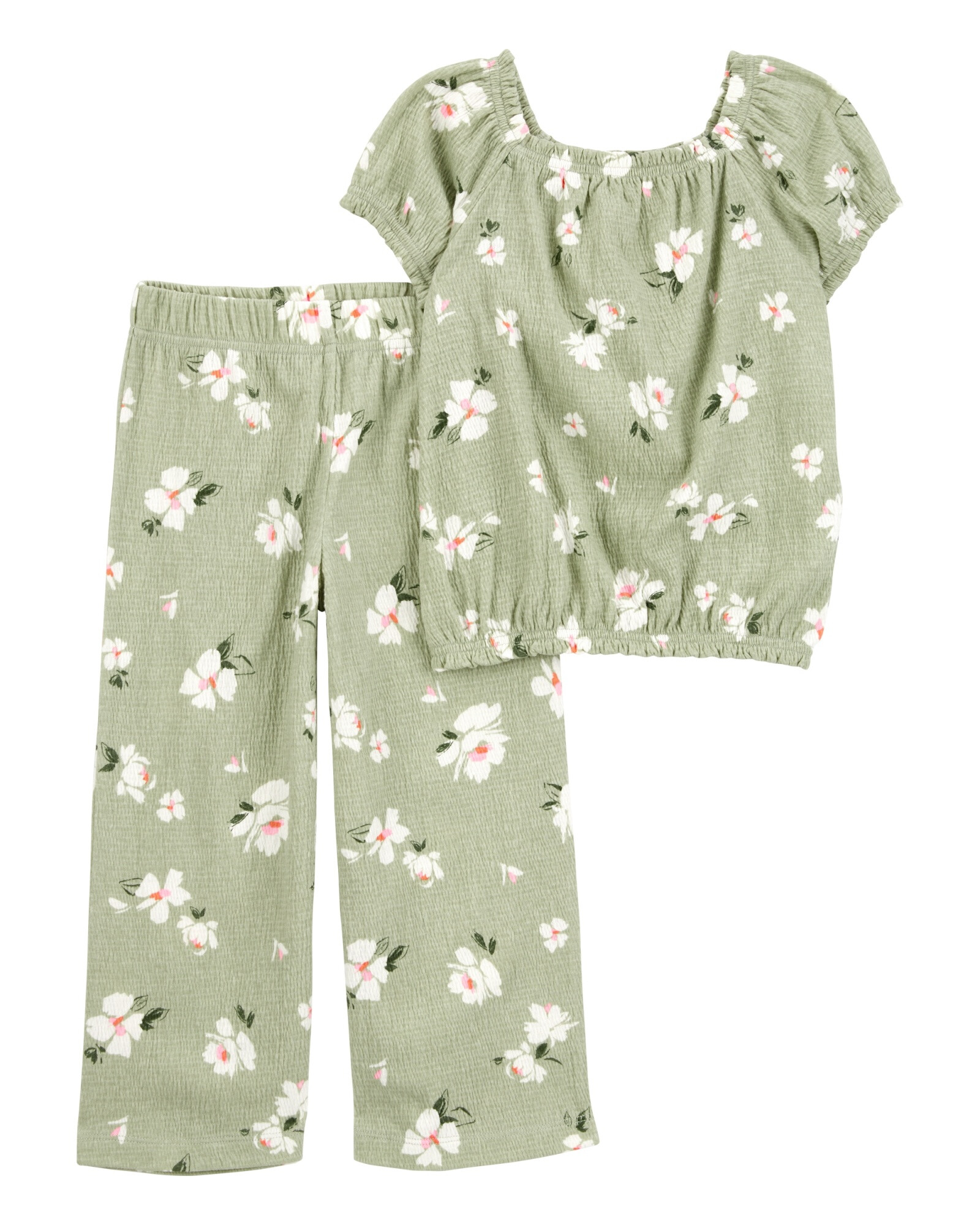 Set dos piezas de jersey arrugado, pantalón y blusa, diseño floral Sin color