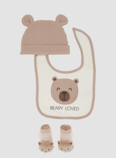 Pack gorro babero y medias oso Beige