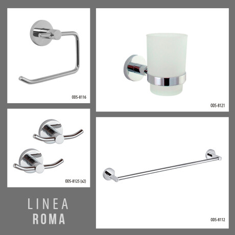 SET DE ACCESORIOS SERIE ROMA, INCLUYE 2 PERCHAS, TOALLERO, PORTAROLLO Y PORTAVASO CROMADO GRIS