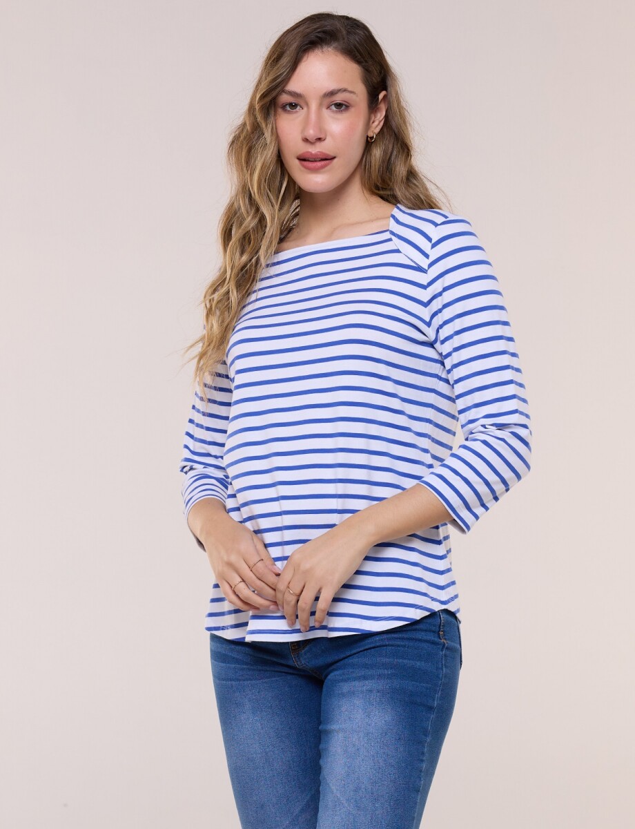Remera Escote Bote Con Manga 3/4 Raglán - Blanco/azul 