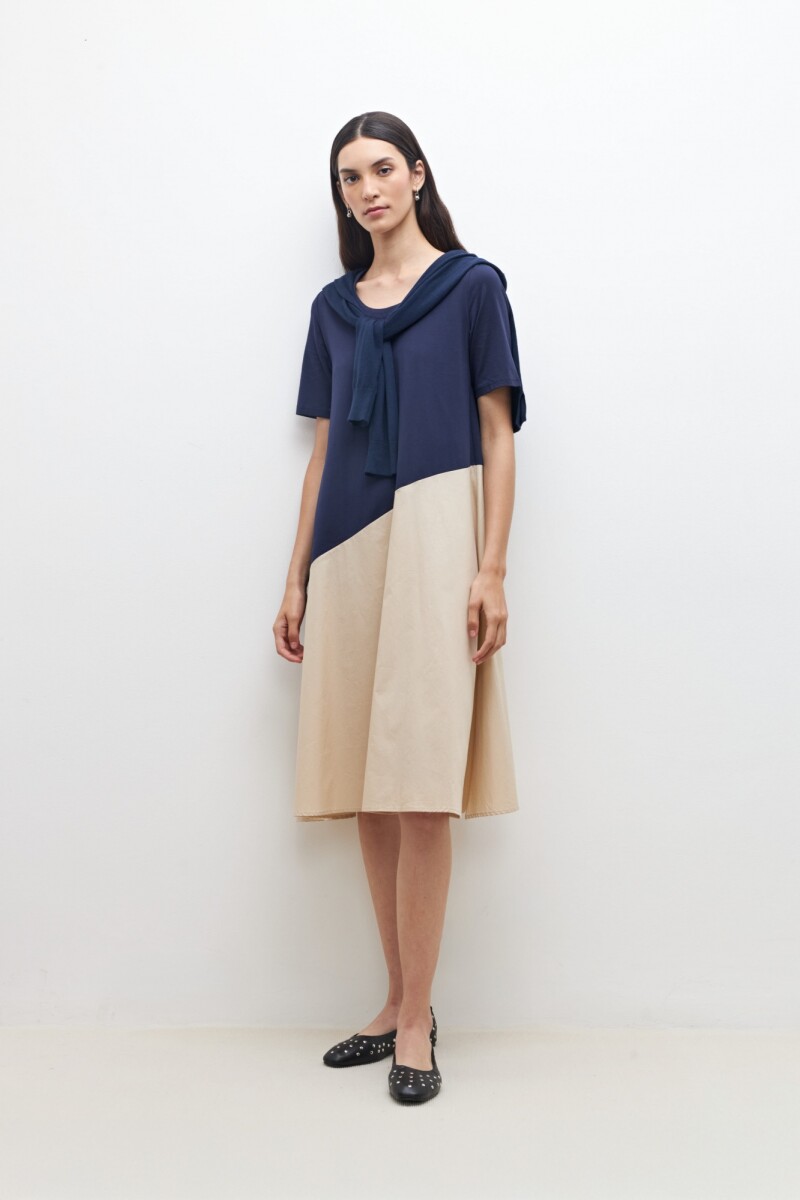 Vestido color block manga corta - azul marino 
