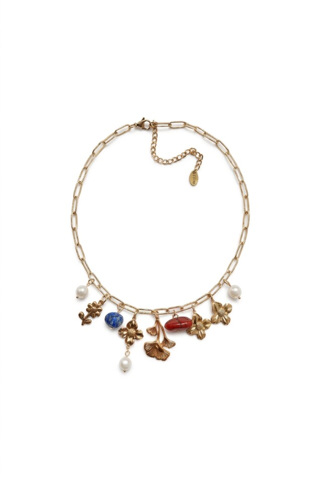 Collar de acero con piedras naturales y dijes dorado