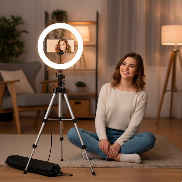 Anillo Aro Luz Led Tripode Soporte Para Celular 1.2Mts 26Cm Color Plateado