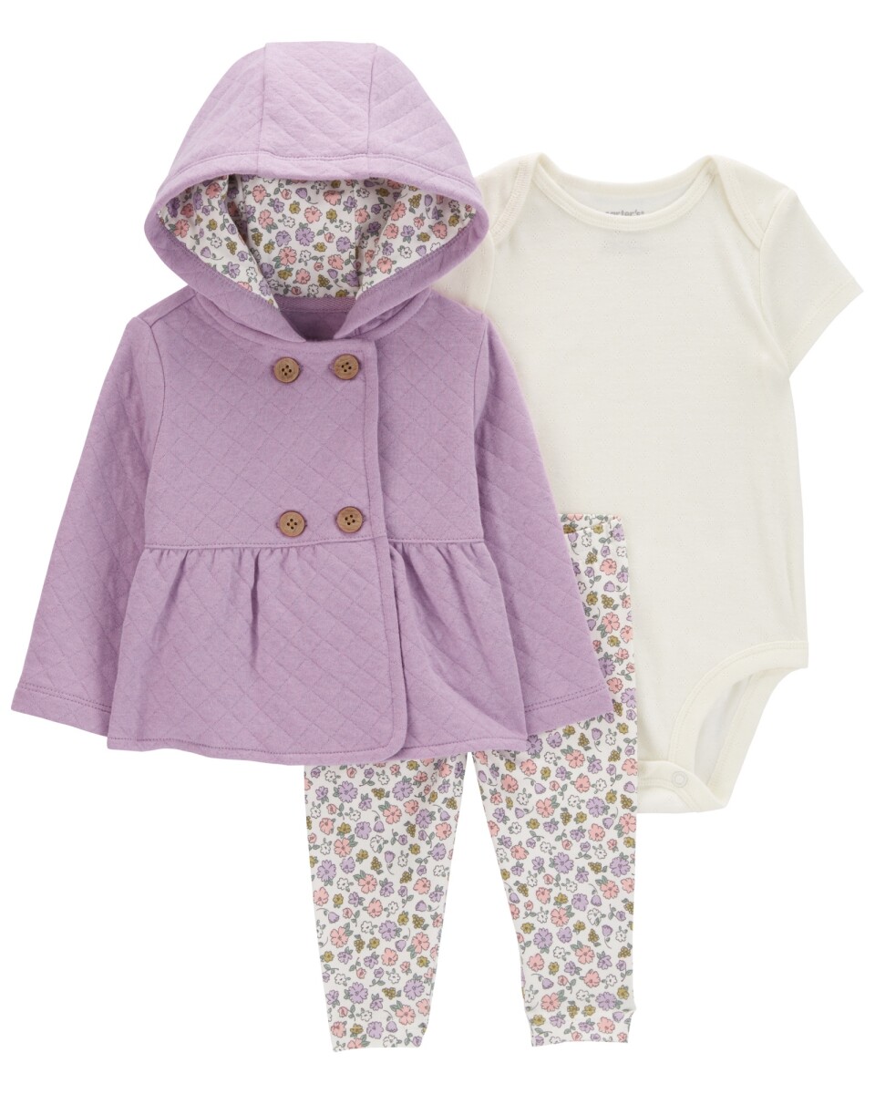 Set tres piezas de algodón, campera capitoneada, pantalón y body, diseño floral 