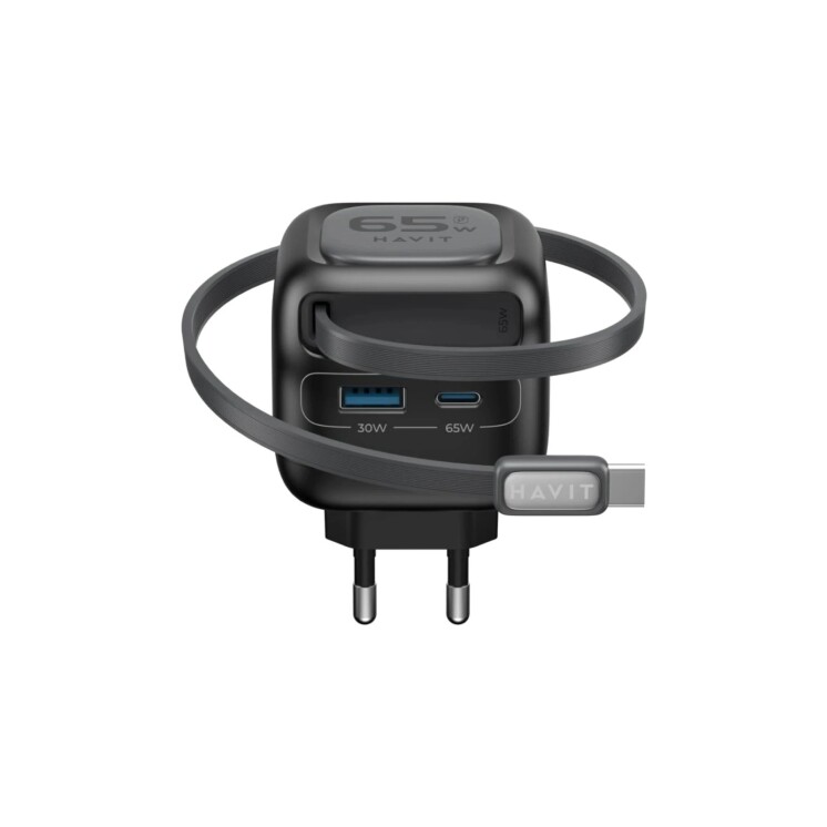 Cargador Havit UC253 GaN 65 W con Cable USB-C Retráctil Cargador Havit UC253 GaN 65 W con Cable USB-C Retráctil