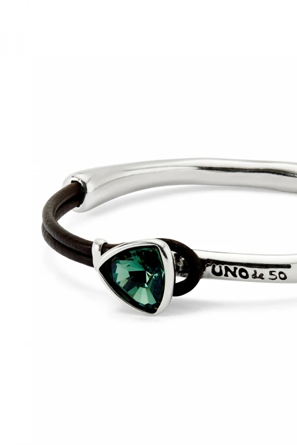 PULSERA FINA CON ALEACIÓN DE METALES BAÑADA EN PLATA DE LEY CON CUERO Y CRISTAL FACETADO VERDE Pulsera