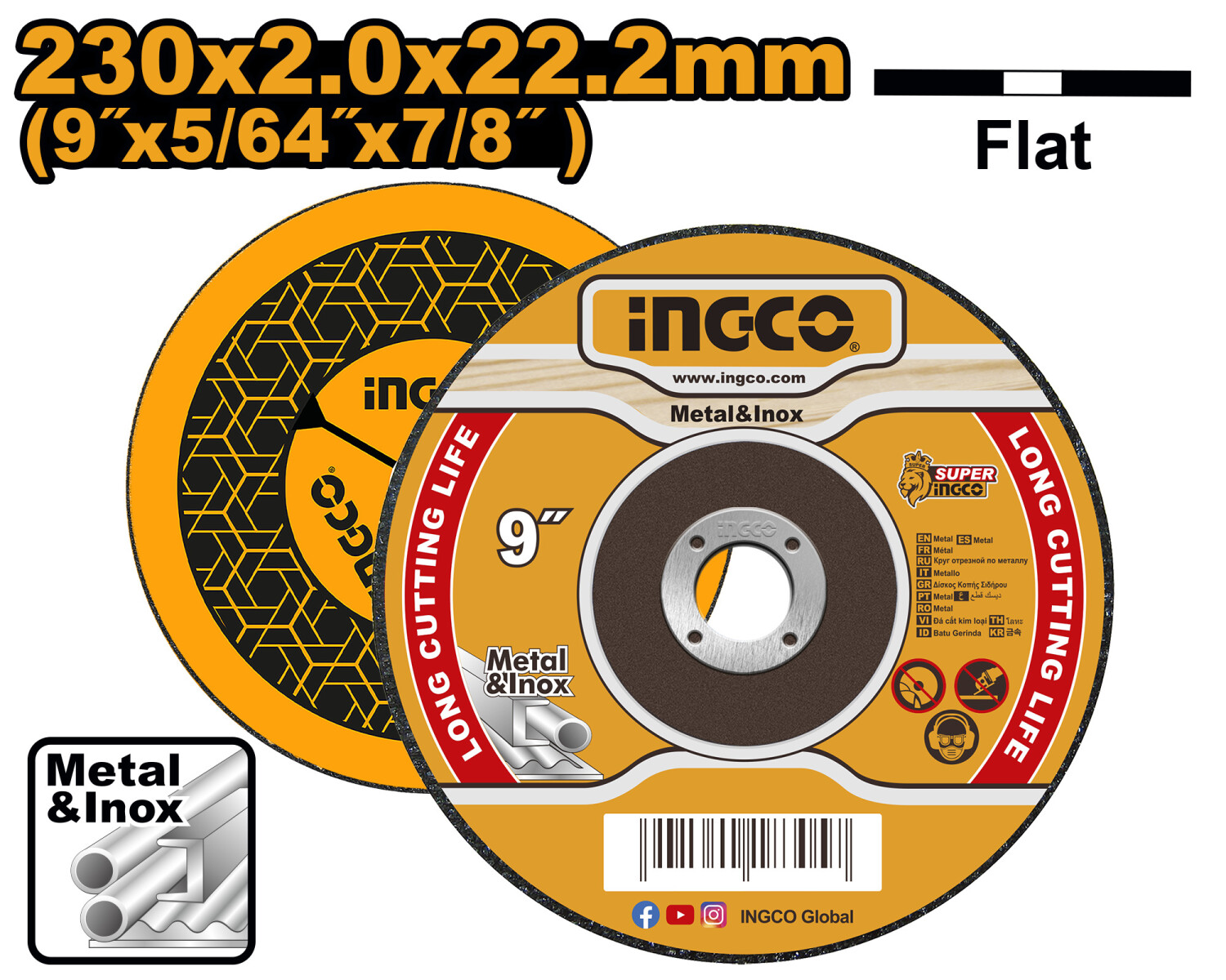 DISCO CORTE METAL 9´´ 230MM 22.2MM CENTRO PLANO INGCO - MCD202303 