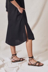 Vestido Camisero Con Lino Negro