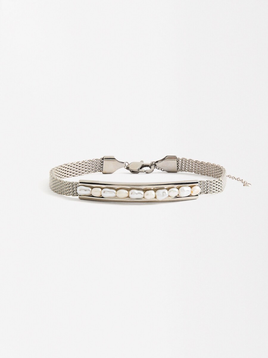 Pulsera De Malla Con Perlas De Agua Dulce - Acero Inoxidable plateado