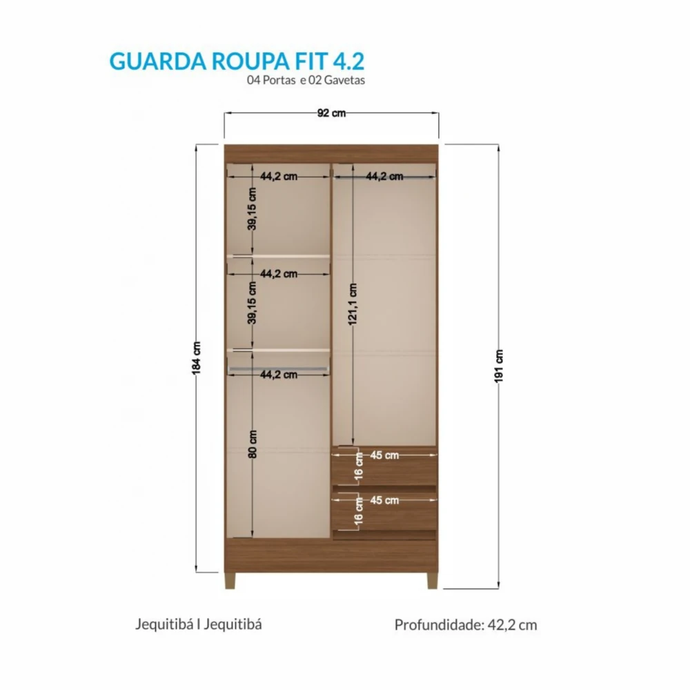 Ropero 4 puertas 2 cajones - Terminación Jequitibá - Linea Fit Ropero 4 puertas 2 cajones - Terminación Jequitibá - Linea Fit