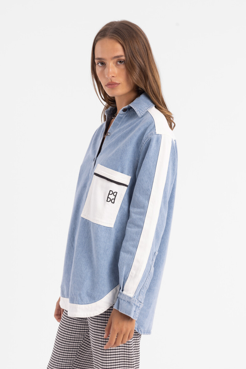 Camisa Noble Denim color block Off White/light blue