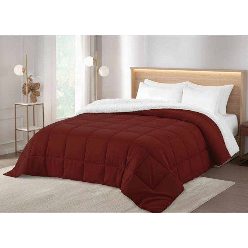 Acolchado 1 Plazas Corderito Sherpa Cotton Flor | Súper abrigado, reversible y suave BORDEAUX CUADRADO