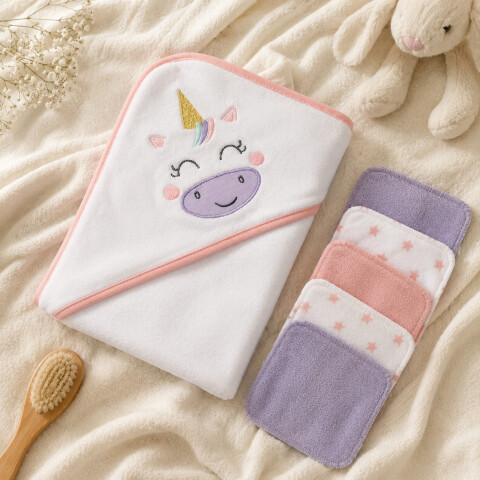 Set Toalla Con Capucha Bebé Ballena + 6 Toallitas Algodón Color Blanco