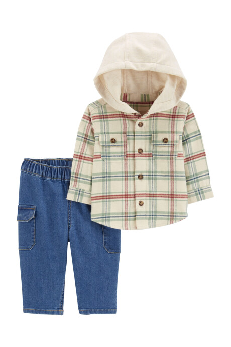 Set dos piezas, pantalón jean y camisa de franela con capucha Sin color