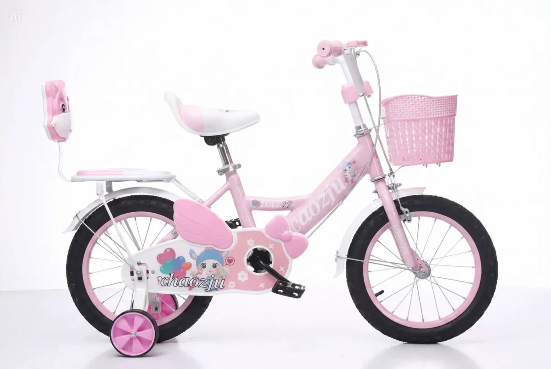Bicicleta rodado 16 con rueditas, canasto y asiento trasero. - Rosa 