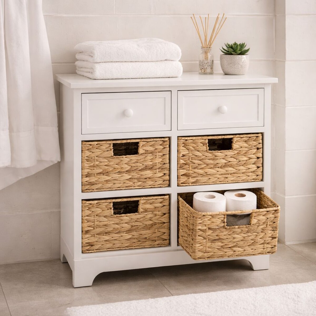 Mueble Organizador Blanco con Canastos de Mimbre y Cajones 