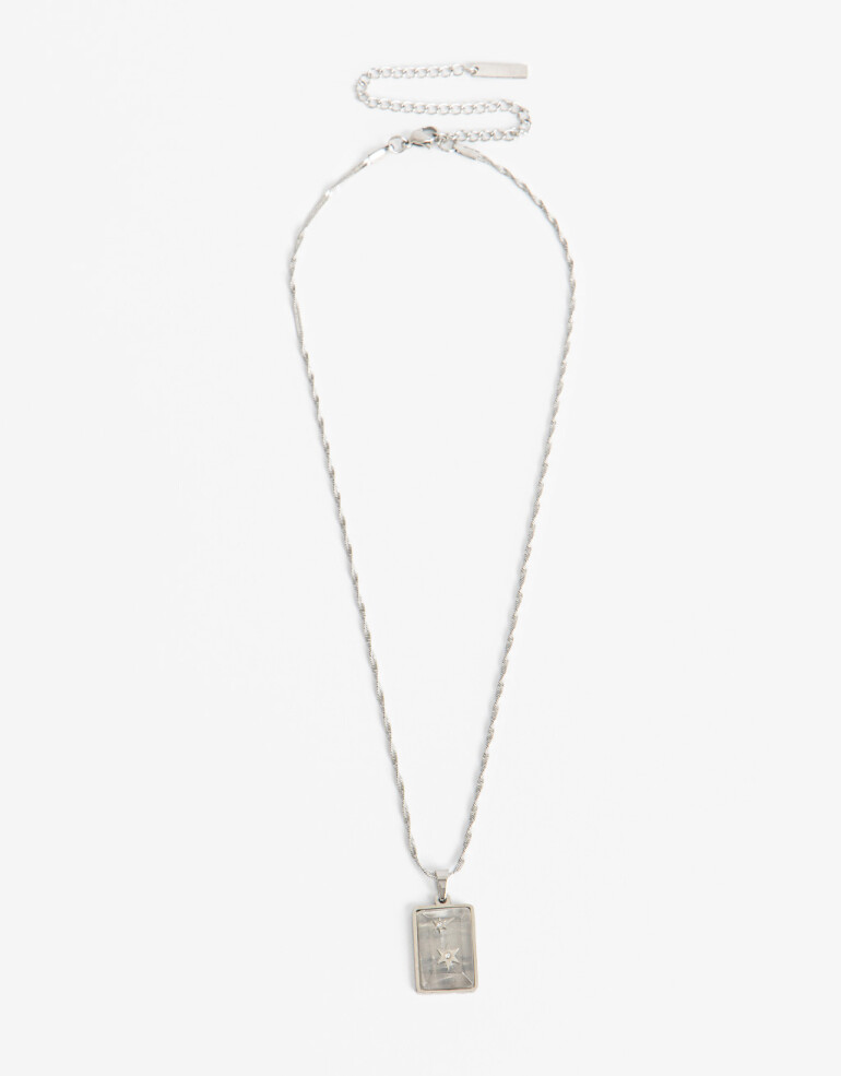 Cadena Corta con Dije Piedras Cadena De Acero Con Piedra Cuarzo Cristal - Plateado