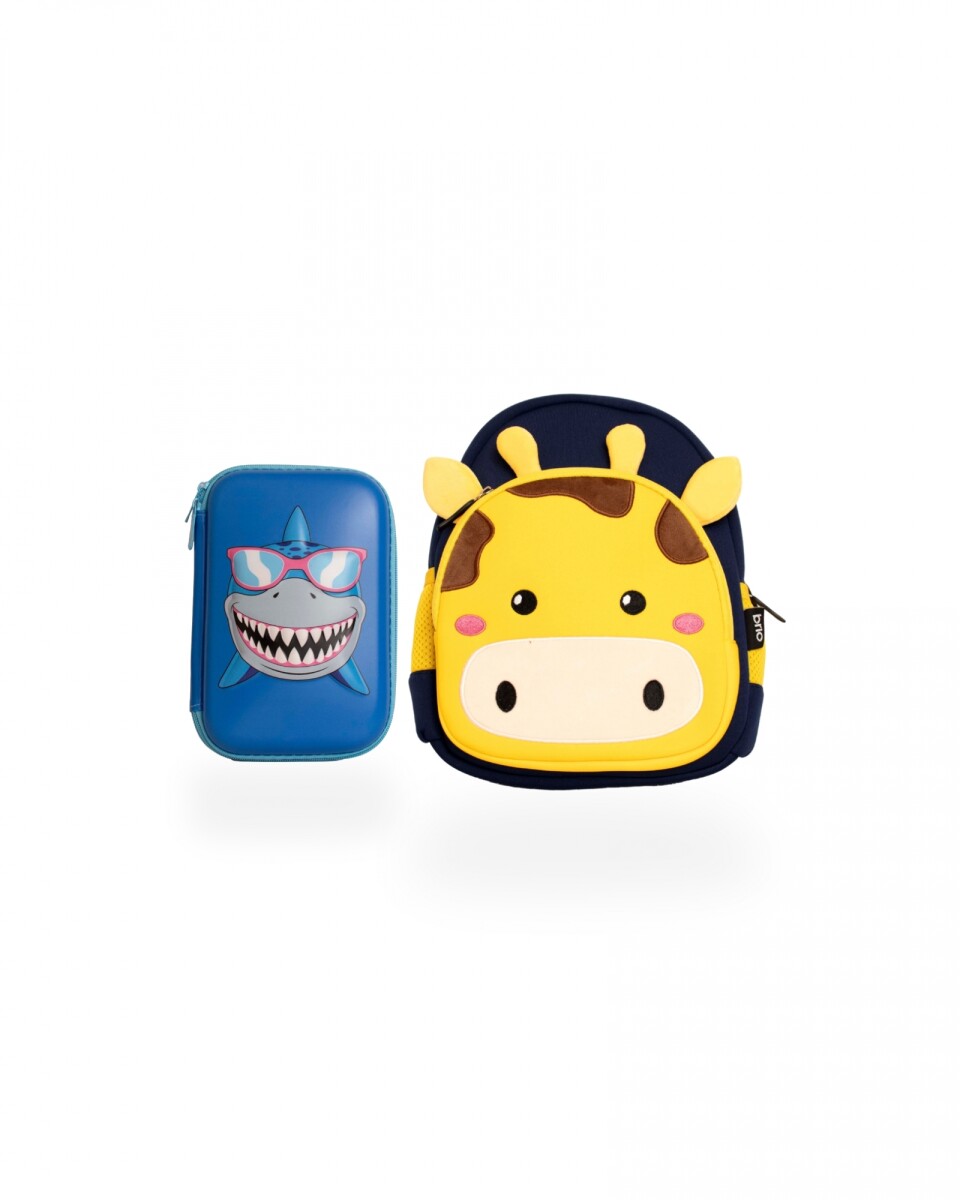 Set de mochila infantil de neopreno y cartuchera con divisiones brio - set-tiburón-jirafa 