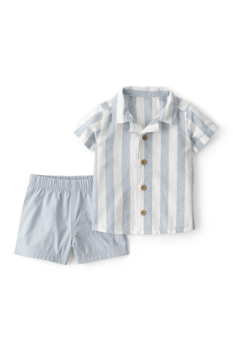 Set dos piezas, short de algodón y camisa de lino, azul, diseño a rayas Set dos piezas, short de algodón y camisa de lino, azul, diseño a rayas