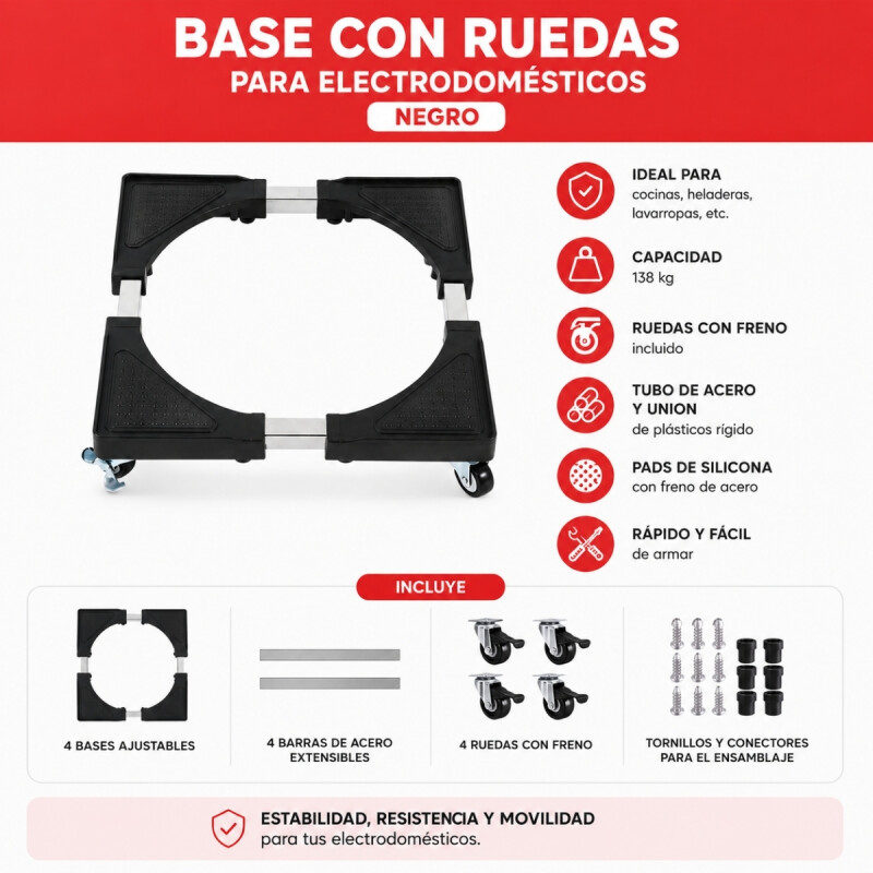 Base con ruedas para electodomesticos grande hasta 80x80 NEGRO