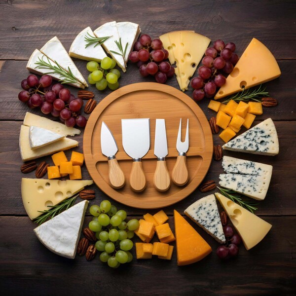 Set Picada 2 Tablas de Madera C/ 4 Accesorios para Quesos Diseño Madera
