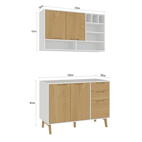 Combo de Cocina Wood Melilla Bajo Mesada Pileta Central y Aéreo con Piezas de Madera - Blanco Combo de Cocina Wood Melilla Bajo Mesada Pileta Central y Aéreo con Piezas de Madera - Blanco