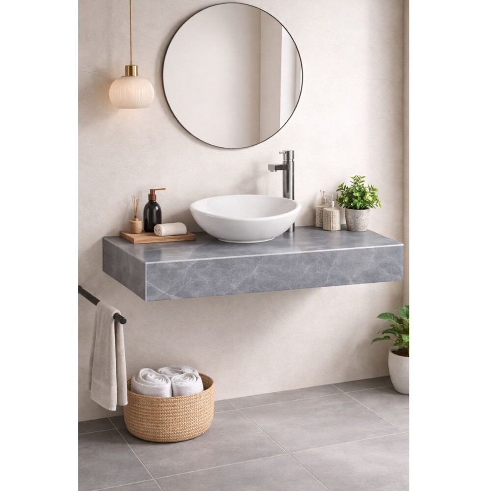 Mesada suspendida en porcelanato PERI 80 Gris Pulido y bacha de loza Mesada Suspendida En Porcelanato Peri 80 Gris Pulido Y Bacha De Loza