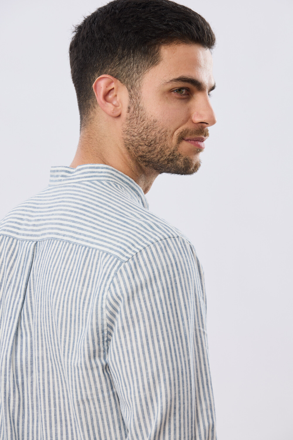 CAMISA RAYADA DE LINO CUELLO MAO Denim