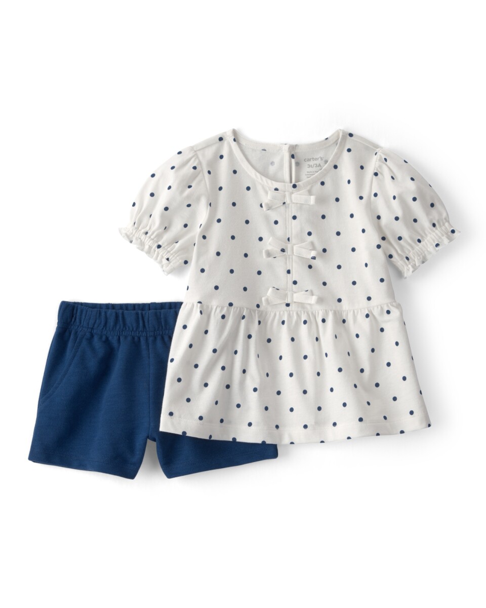 Set dos piezas de algodón, short y blusa, azul y blanco, diseño lunares. Talles 2-5T 