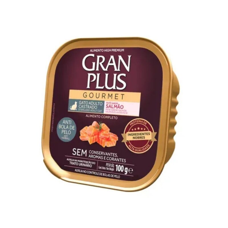 PATE GRAN PLUS GATO CASTRADO ADULTO SALMON ANTI BOLA DE PELO 100 GRS PATE GRAN PLUS GATO CASTRADO ADULTO SALMON ANTI BOLA DE PELO 100 GRS