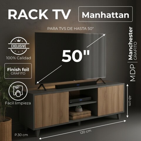 Mueble Rack de Tv Hasta 50" Manhattan de Piso con 2 Puertas y Estantes 120 cm de Ancho - Manchester / Grafito Mueble Rack de Tv Hasta 50" Manhattan de Piso con 2 Puertas y Estantes 120 cm de Ancho - Manchester / Grafito