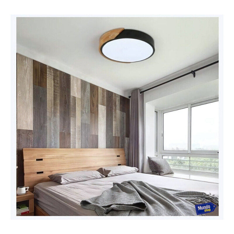 Luminaria Plafon Led Diám 30cm Metal Y Madera Luz cálida Negro