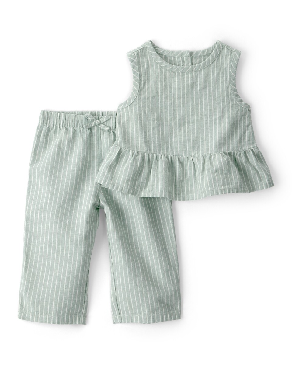 Set dos piezas de lino, pantalón y musculosa, verde, diseño a rayas 