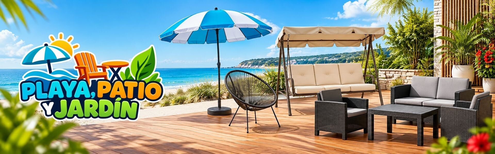 Playa, patio y jardín